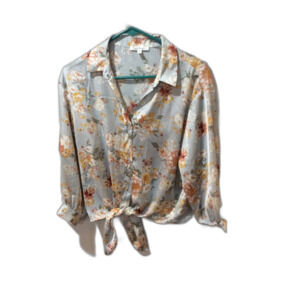 Cloud Chaser women's silver button up knot front floral top size large L